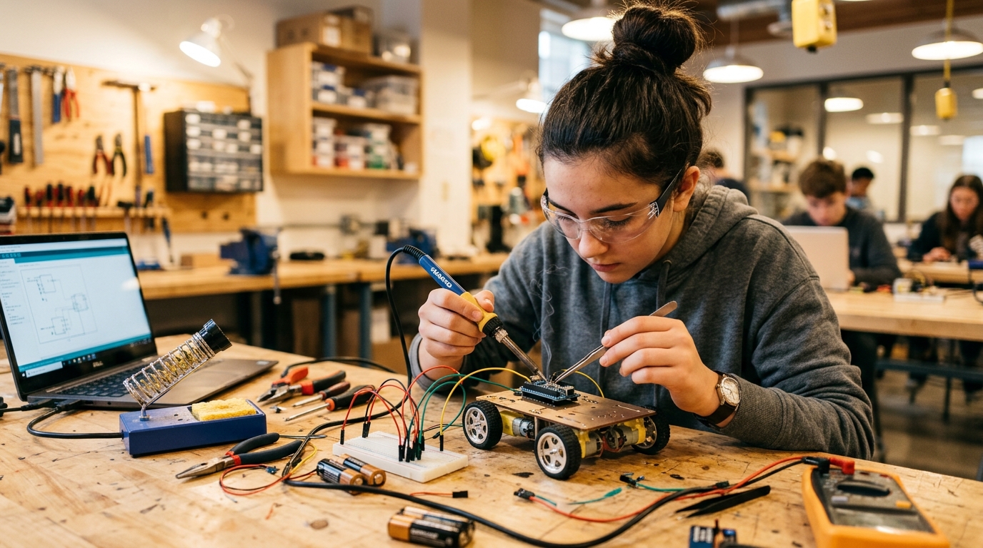 Engineering student wiring a robotic prototype motor