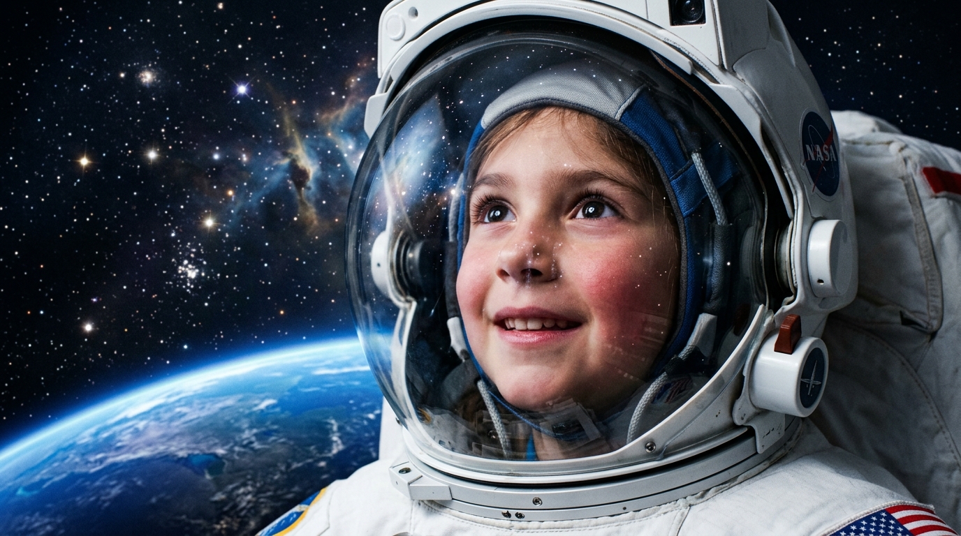 Young student gazing forward toward future technological frontiers
